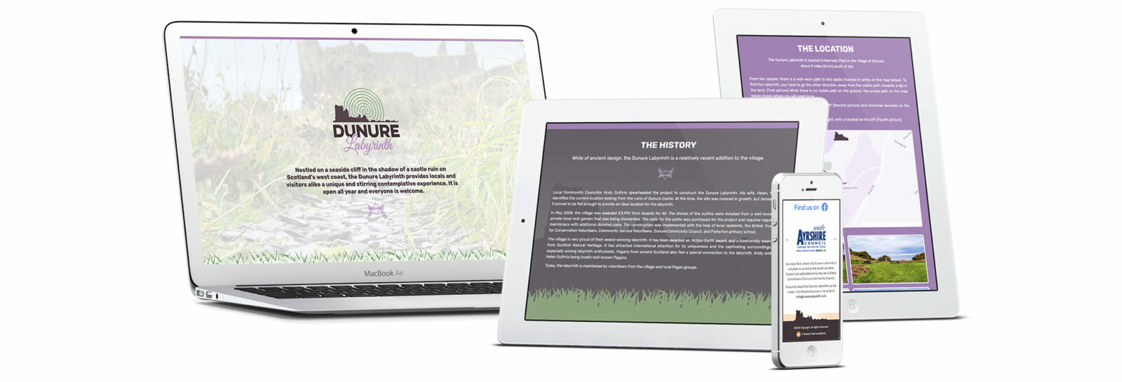 Dunure Labyrinth website displayed on mobile phone, tablet, and laptop devices.